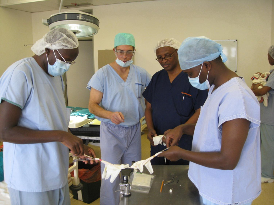 Dr Neil Pollock provides instructions during a surgical training session in Rwanda